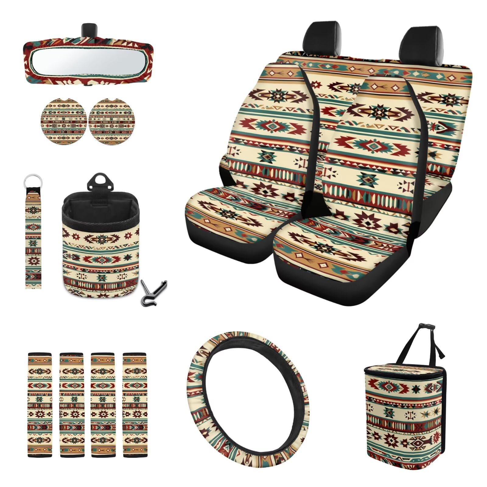 Chririnla Southwest Aztec 15pcs Car Seat Covers Set Universal Fit Front/Rear Seats, Steering Wheel Cover,Seat Belt Pads, Air Vent Storage Pouch,Trash Can Cup Coasters Stylish Nature Decor
