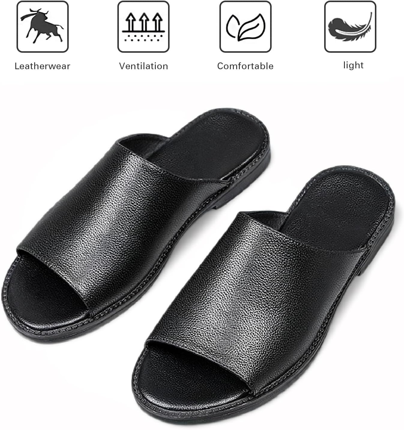 Men's Leather Flat Slides Sandals Comfortable Open Toe Slip On Soft Bottom Anti-Slip Walking Slippers Summer Indoor Outdoor Casual Beach Sandals