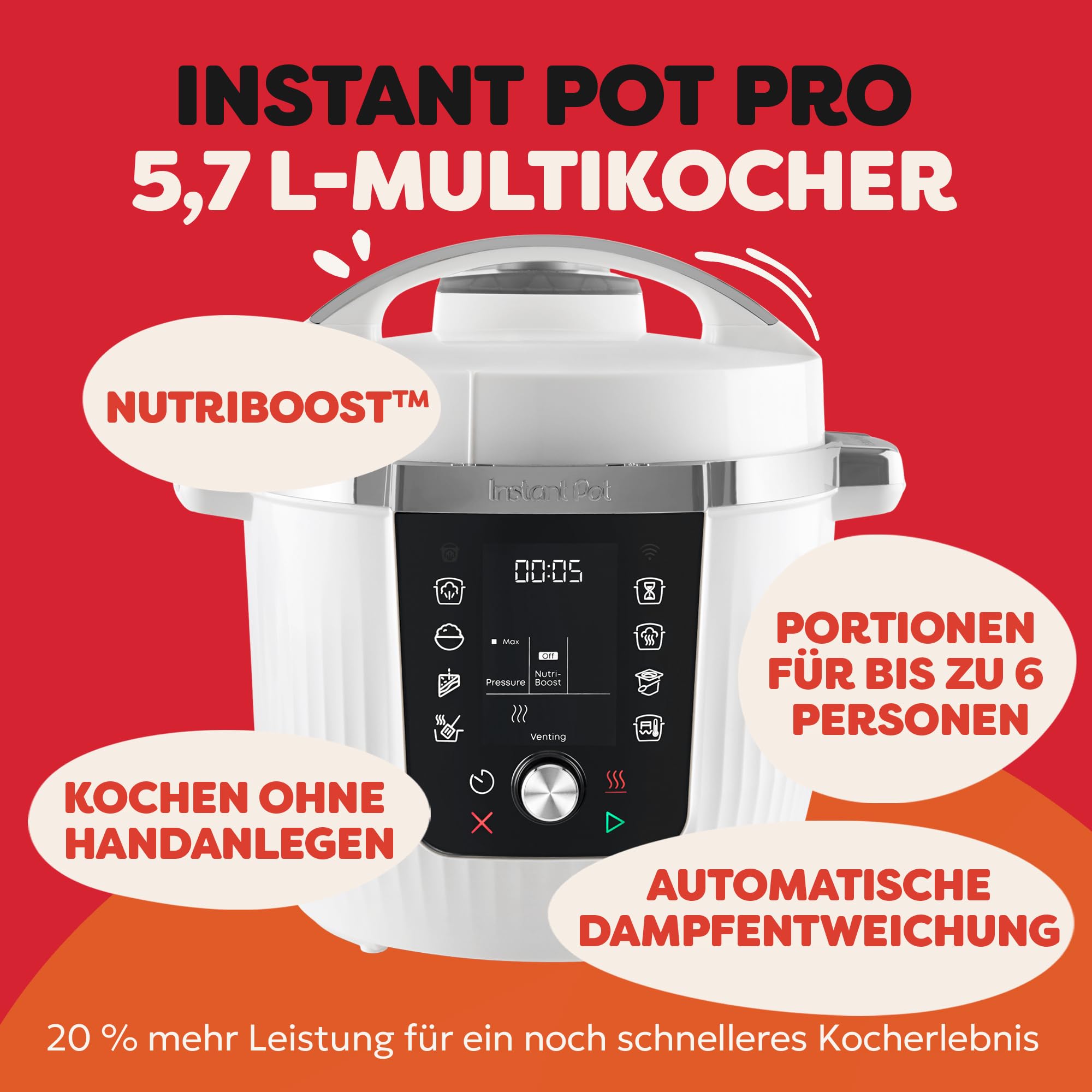 Instant Pot Pro 10-in-1-Multikocher 5,7 l – Weiß, Schnellkochtopf, Schongarer, Reiskocher, Sauteuse, Joghurtbereiter, Speisenwärmer,Vakuumgarer,Dampfgarer, Backen, NutriBoost™, spülmaschinenfest.