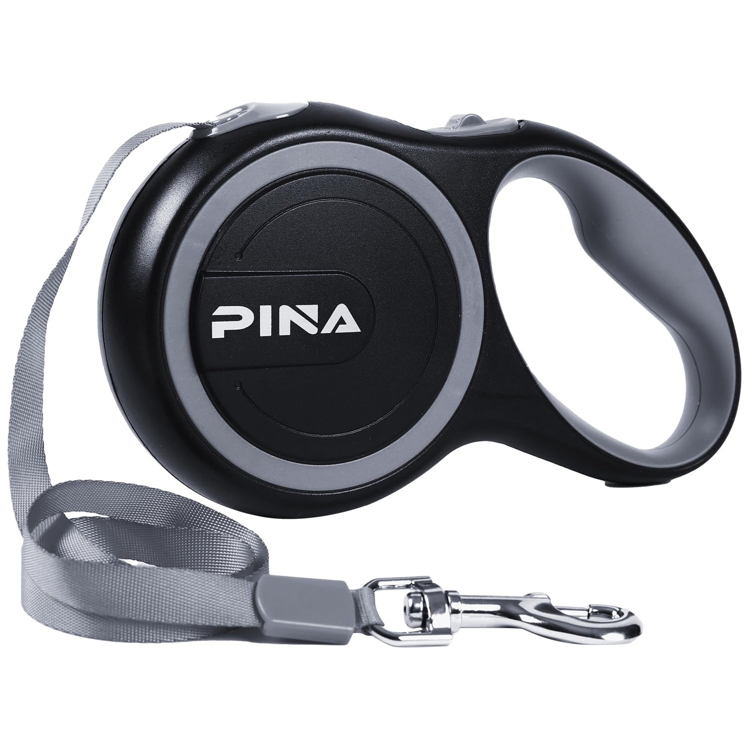 PINA Retractable Dog Leash, 16ft Dog Leash for Small Medium Dogs Up to 44lbs, 360° Tangle-Free Strong Reflective Nylon Tape, with Anti-Slip Handle, One-Handed Brake, Lock - Black Gray