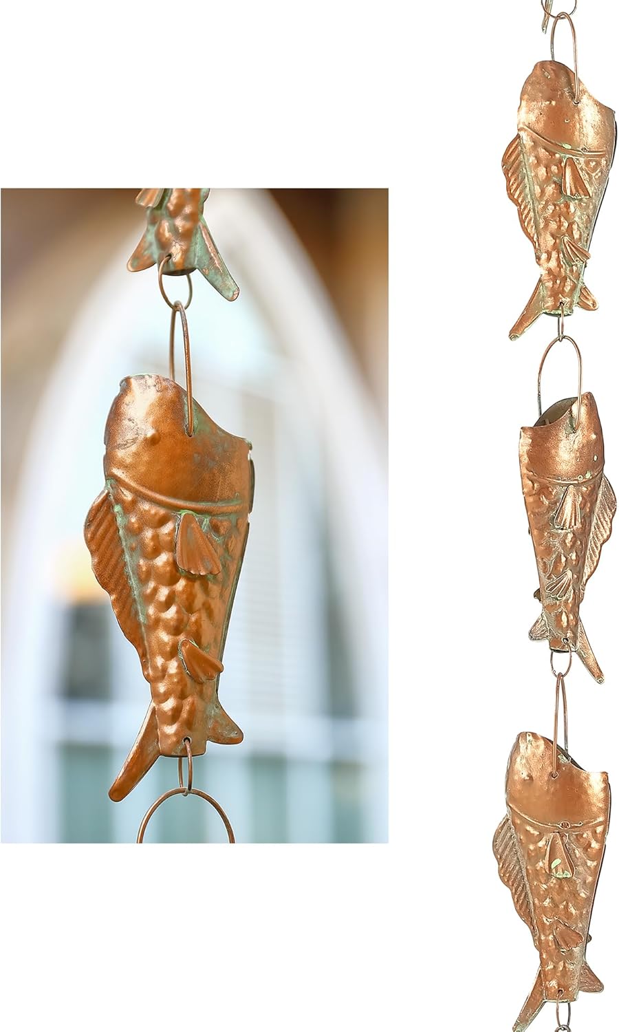 Copper Patina Rain Chain with Rainbow Trout for Heavy Rain, Functional and Decorative Replacement Downspout Chain for Outside, Rain Catcher Chain for Gutters, 8.5FT