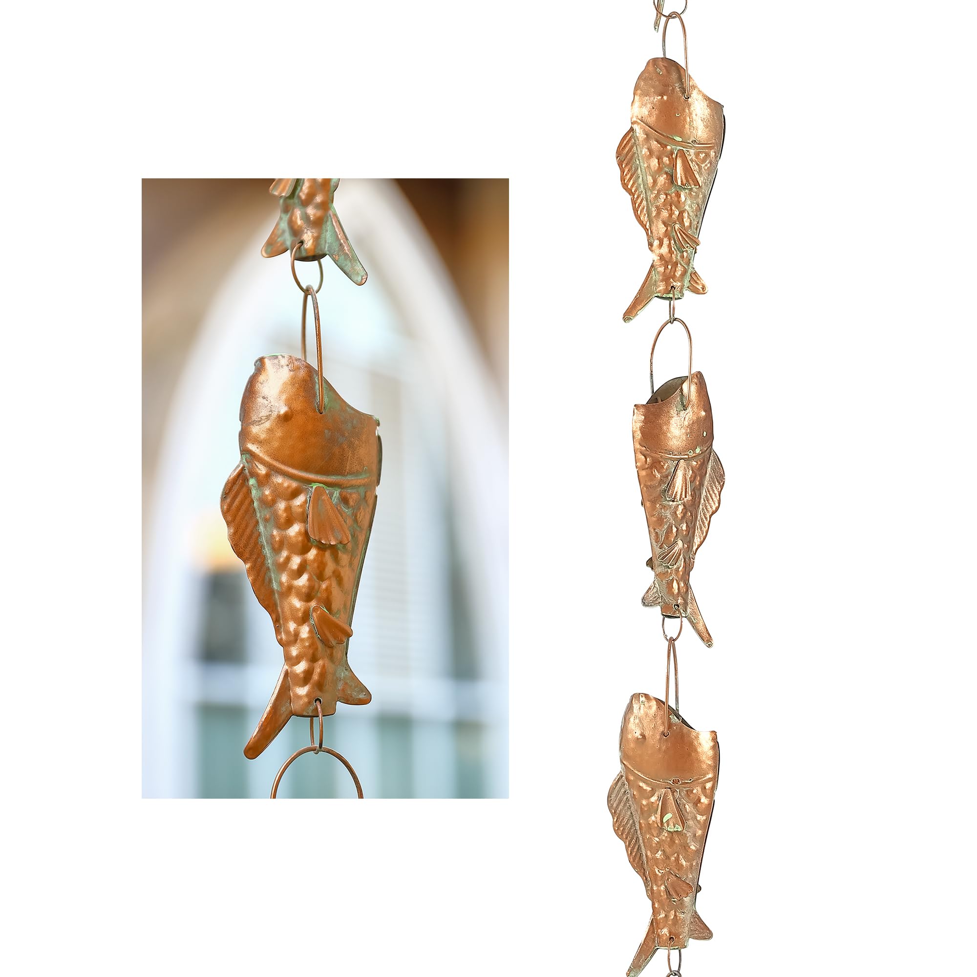 Phaxth Coppery Color Rain Chain with Rainbow Trout for Heavy Rain, Functional and Decorative Replacement Downspout Chain for Outside, Rain Catcher Chain for Gutters, 8.5FT
