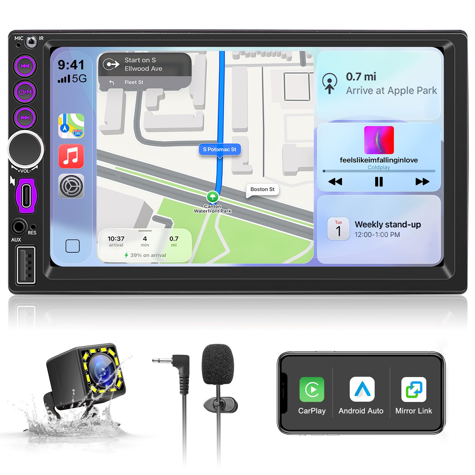 Autoradio 2 DIN avec CarPlay sans Fil et Android Auto - 7 Pouces Écran Tactile IPS, Poste Radio Voiture Bluetooth avec Caméra de Recul, Mirror Link, Type-C, USB, FM, Control Volant, Navigation GPS