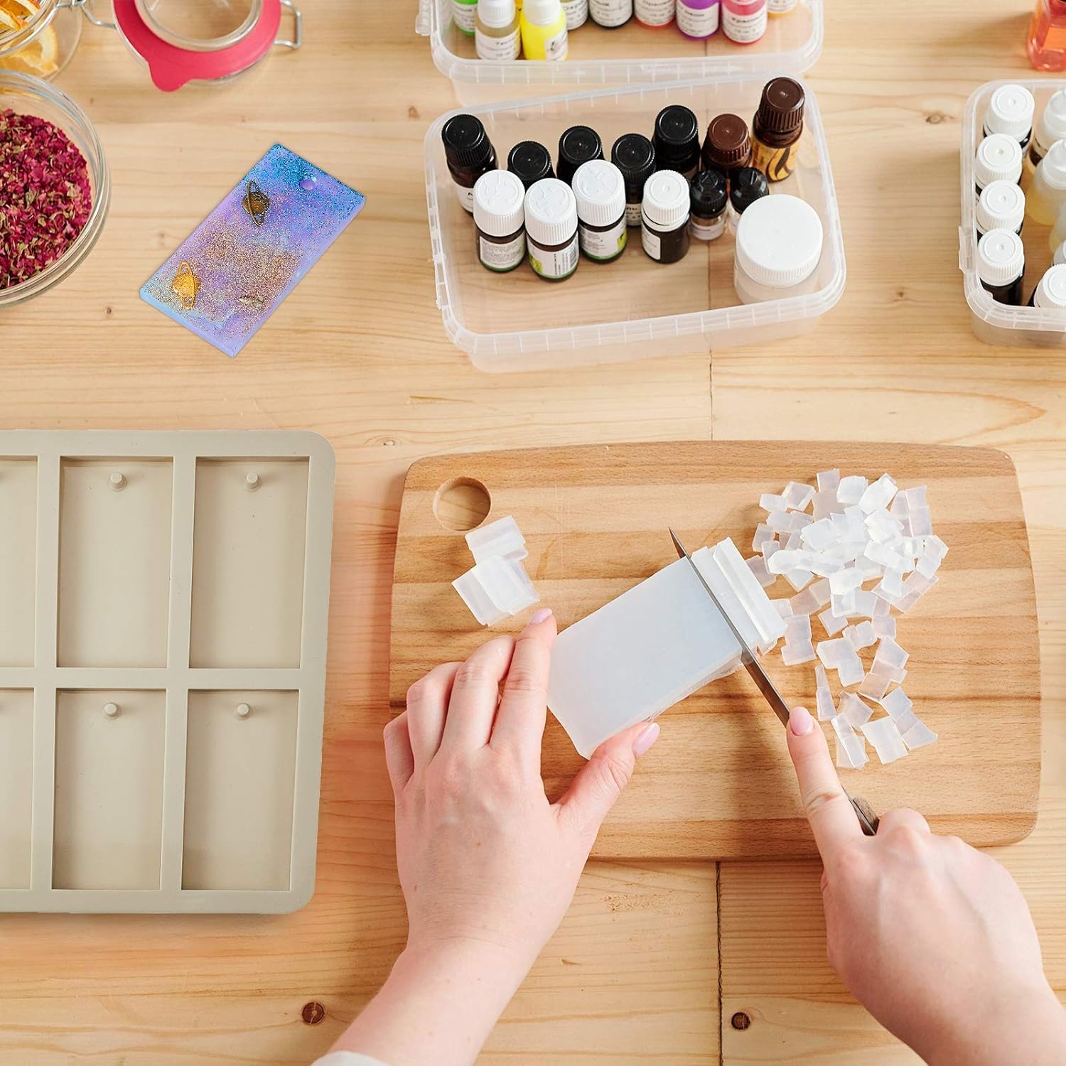 FirstTry Aromatherapy Wax Mold I Silicone Fondant Mould with Hanging Hole I Dried Flowers Resin Soap Clay Craft Jewelry Making Molds DIY Pendant Bookmark Necklace I Grey - 6 Cavity (Rectangle) 4