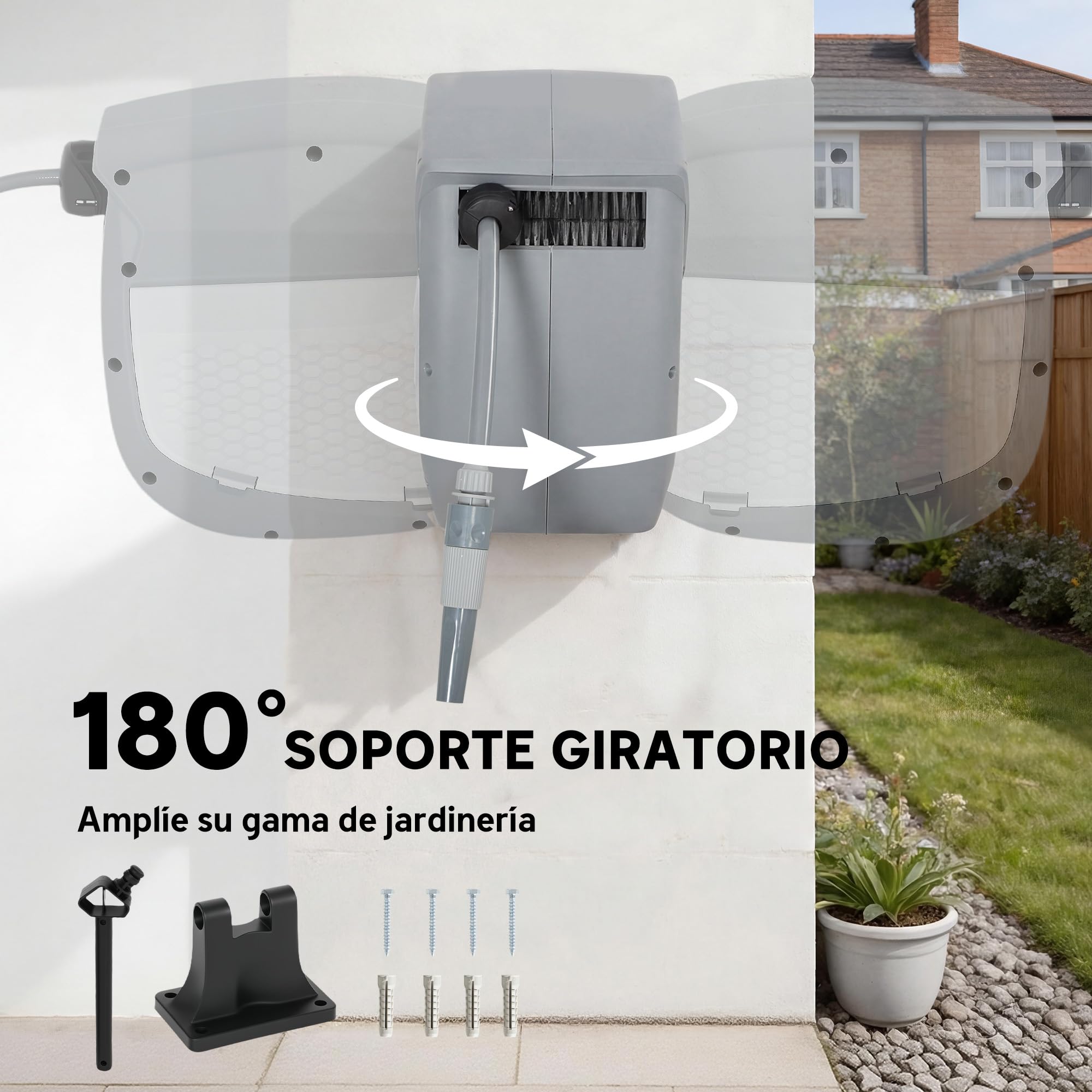 Outsunny Enrollador de Manguera para Jardín 10+1 m con Boquilla de 2 Modos, Carrete de Manguera de Jardín de Pared con Bloqueo Automático y Retracción Controlada, Soporte Orientable 180°, Gris