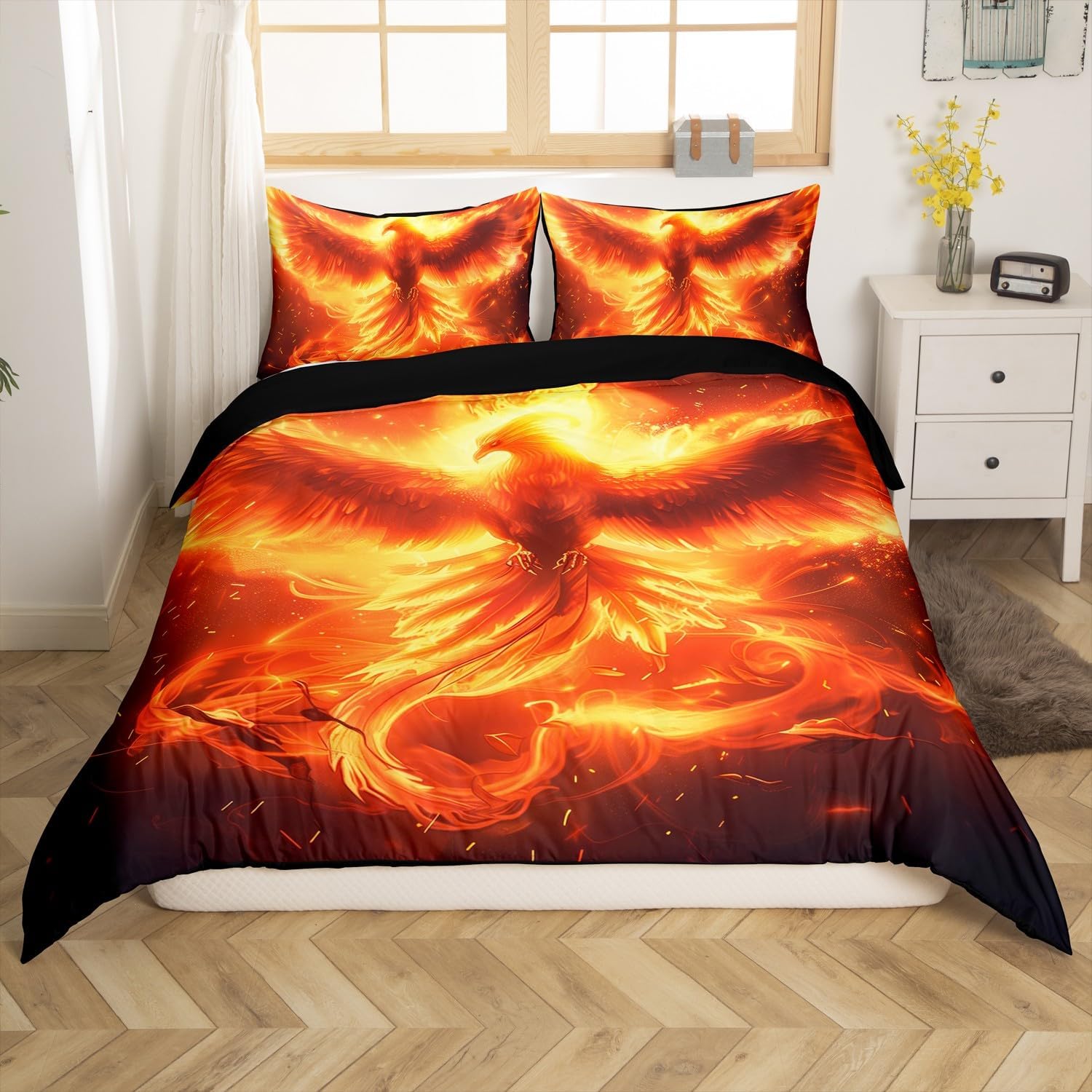 Feelyou Kids Queen Size Phoenix Bedding Set Red Phoenix Duvet Cover Fire Phoenix Comforter Cover for Kids Boys Girls Flying Bird Bedspread Cover Adult Bedroom Decor 3Pcs Zipper (No Comforter)