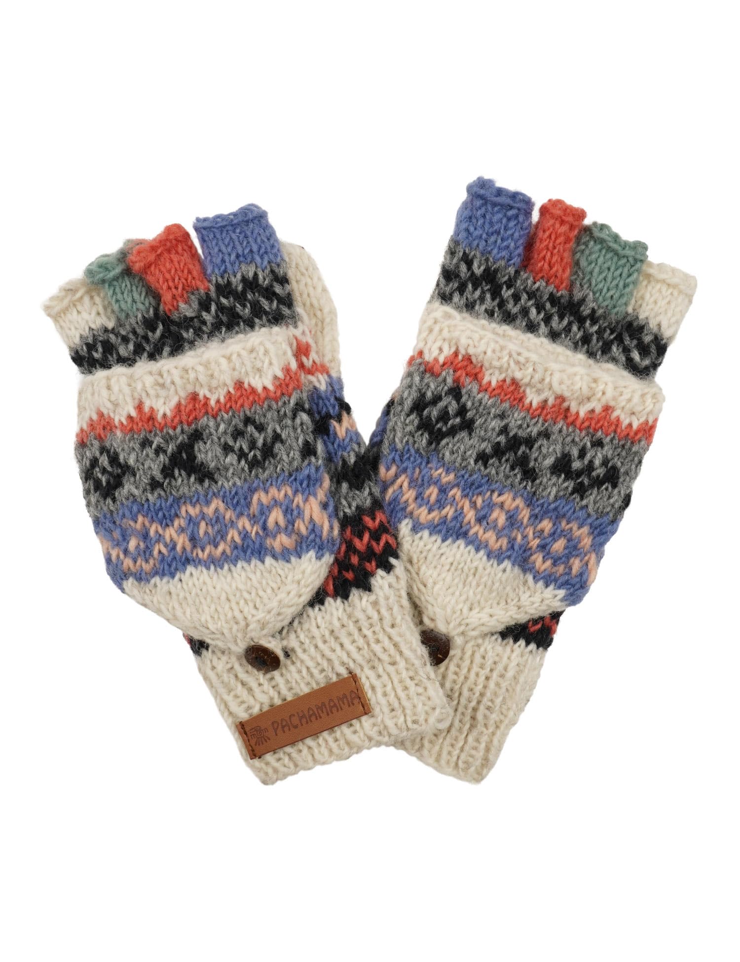 Pachamama Women Wool Fingerless Glove Mittens Handknitted Fair Isle Multicoloured One-Size Handmade Extra Warm Fair Trade (Oatmeal)