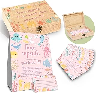 52 Pcs Time Capsule Set, 50 Under the Sea Double Sided Cards and 1 Time Capsule Sign Box, 1st Birthday Memory Preservation Box, Sea Baby Shower Memory Preservation Time Capsule Box for First Birthday