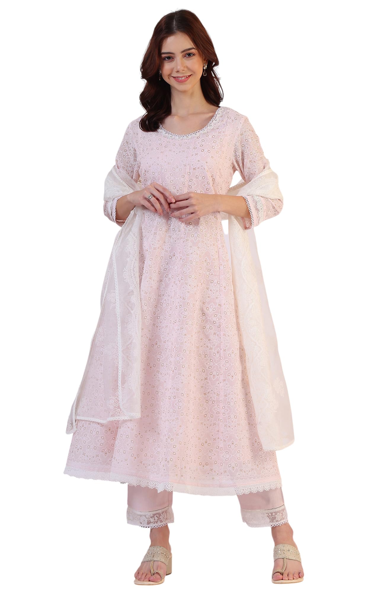 W for Woman Anarkali Kota Kurta geometryczny nadruk i proste spodnie z zestawem Dupatta (rozmiar: XL)-WS12341-125219