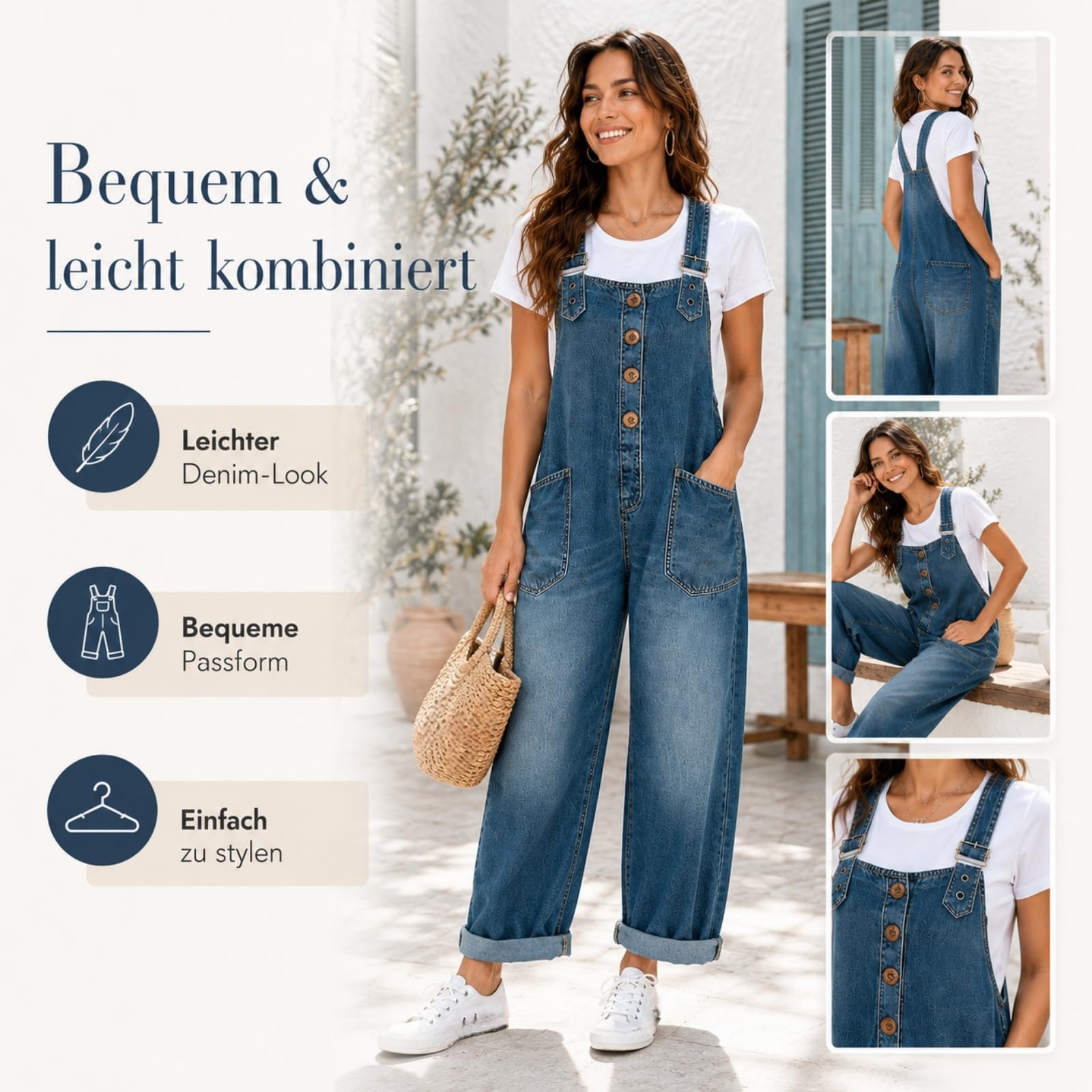 Generisch Retro Jeansoverall Damen Sommer, Jeans Overall, Lockere Latzhose mit Weitem Bein, Moderner Jumpsuit für den Alltag, Modischer Denim Anzug