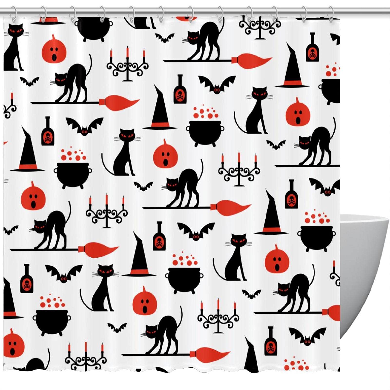 Rideau de douche Halloween Chat noir étanche pour baignoire 152x183cm