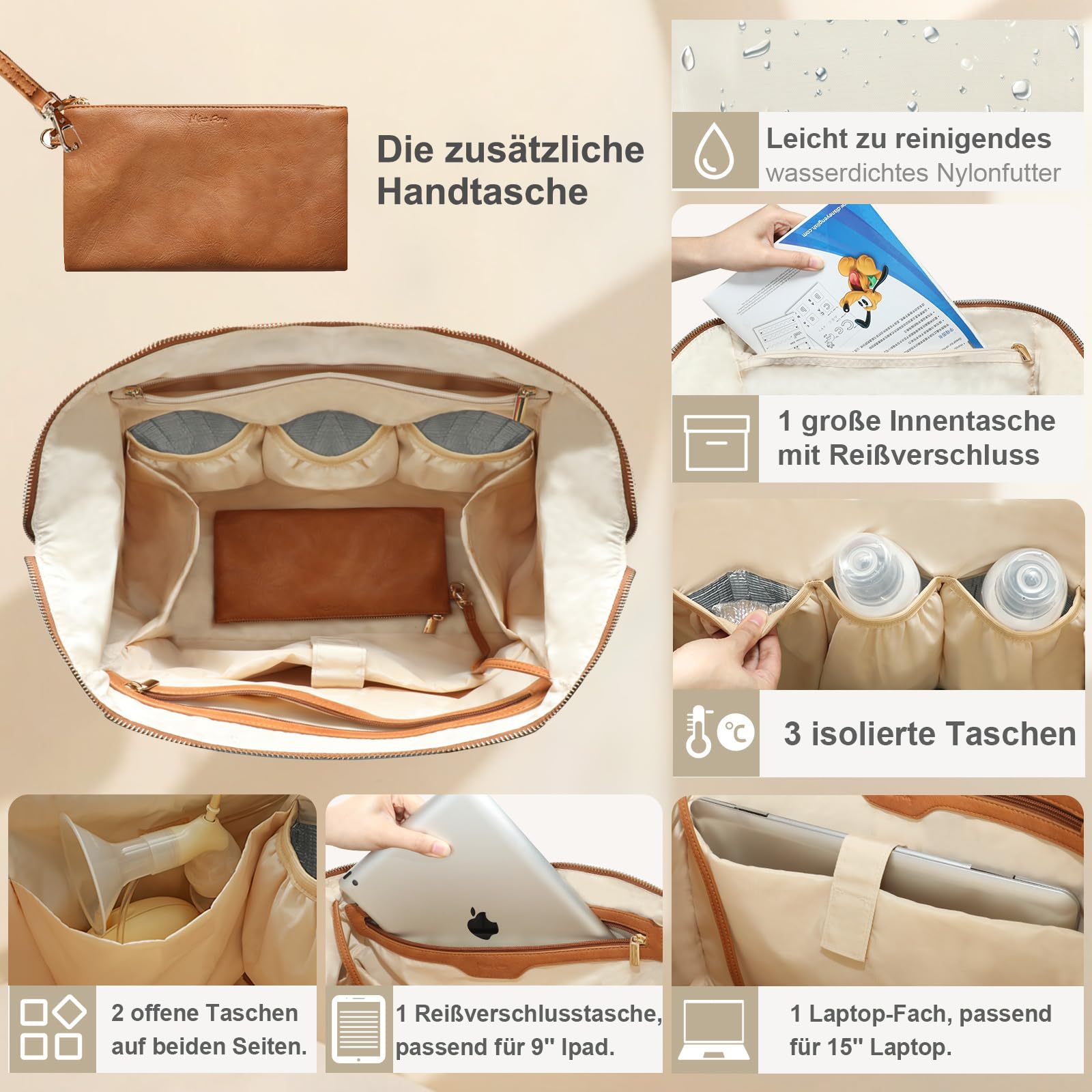 MISS FONG Reisetasche Travelite Sporttasche Reisetasche Damen Herren Weekender Große Wickeltasche PU-Leder Wickelrucksack Babytasche Kliniktasche 29L Handgepäcktasche für Reisen Fitness Business-Braun