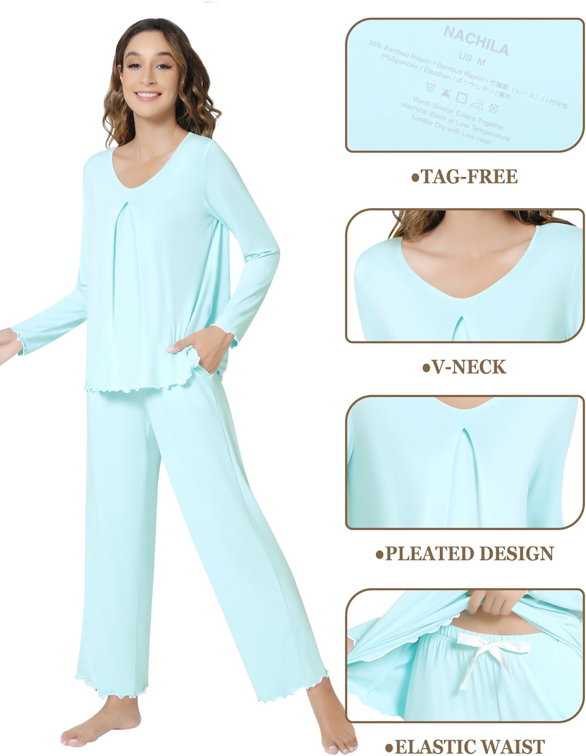 NACHILA Pajamas for Women Long Sleeve Sleepwear Comfy Pants Pajama Set Pleated Pjs with Pocket,Viscose Made from Bamboo - Image 3