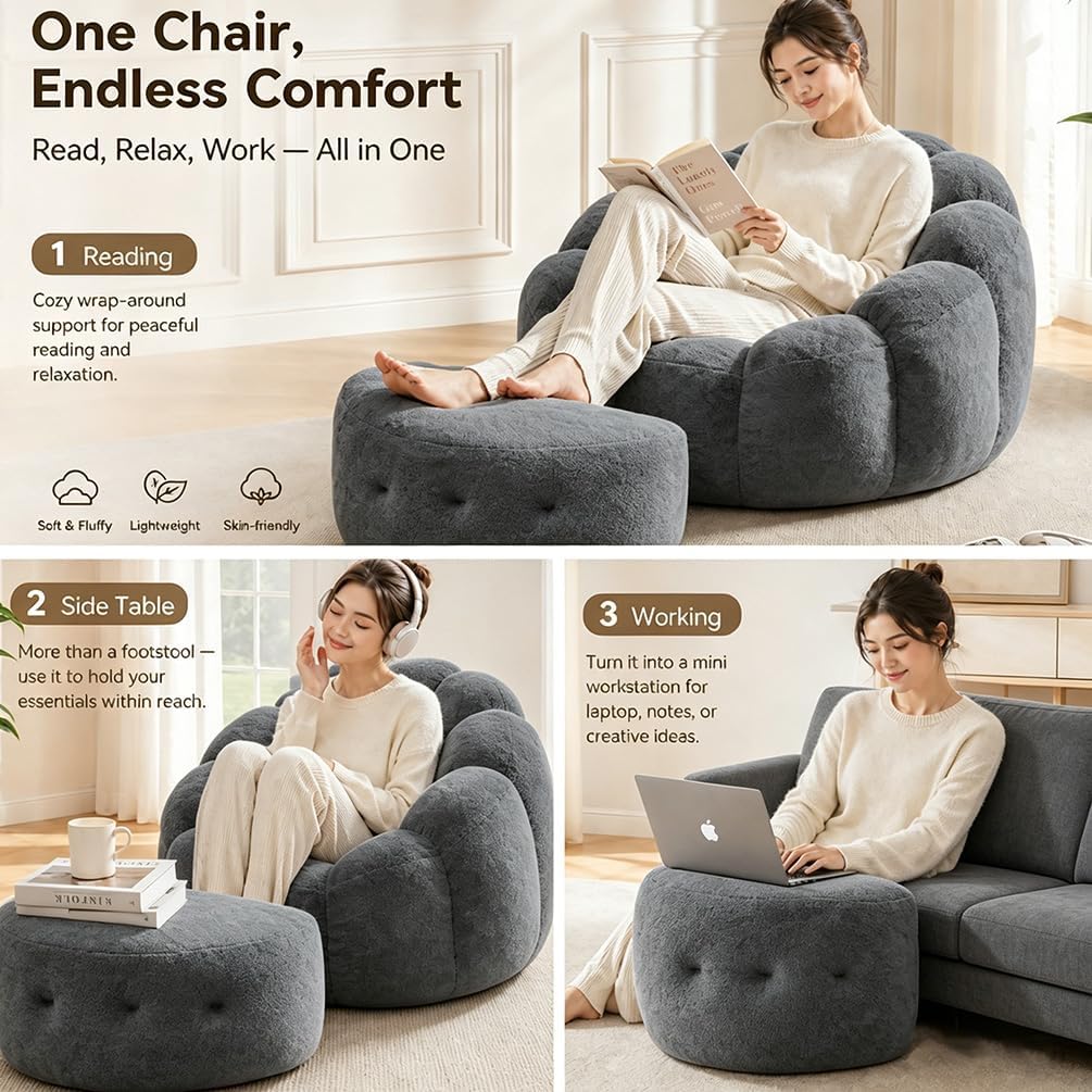 Flower Bean Bag Chair with Ottoman, Comfy Fuax Fur Beanbag for Adults & Teens, Fluffy Plush Floor Lazy Sofa for Bedroom, Living Room, Reading Nook, Grey