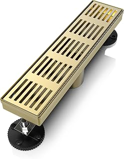 WEBANG 12 Inch Linear Shower Drain Rectangular Floor Drain with Accessories Fence Pattern Cover Grate Removable SUS304 Stainless Steel Watermark&CUPC Certified Brushed Gold
