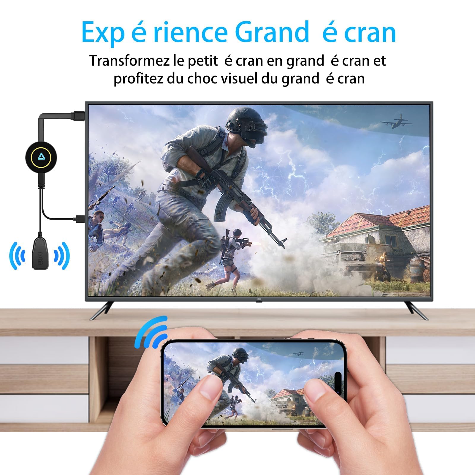 Clé HDMI sans Fil 4K Double Bande (2.4G/5GHz) - Plug & Play - Affichage de Votre Smartphone/pc sur Moniteur/projecteur - Compatible i*OS, Android, Windows, macOS (AirPlay, DLNA, Miracast)