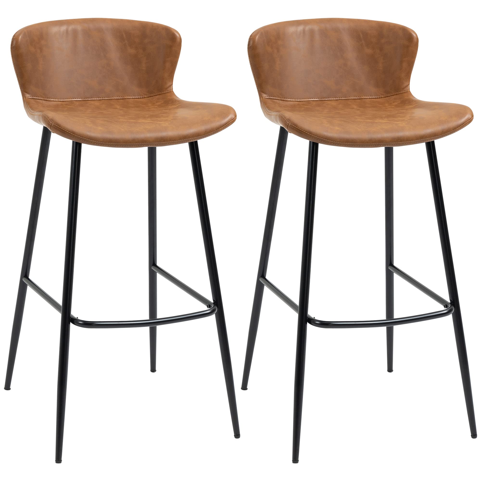 HOMCOM Bar Stools Set of 2 PU Leather Upholstered Kitchen Stools with Back in Brown