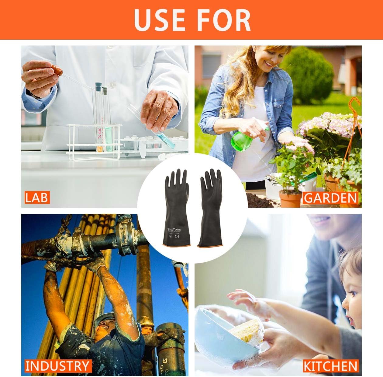 ThxToms Heavy Duty Latex Gloves, Resist Strong Acid, Alkali and Oil, 14", 1 Pair - - 