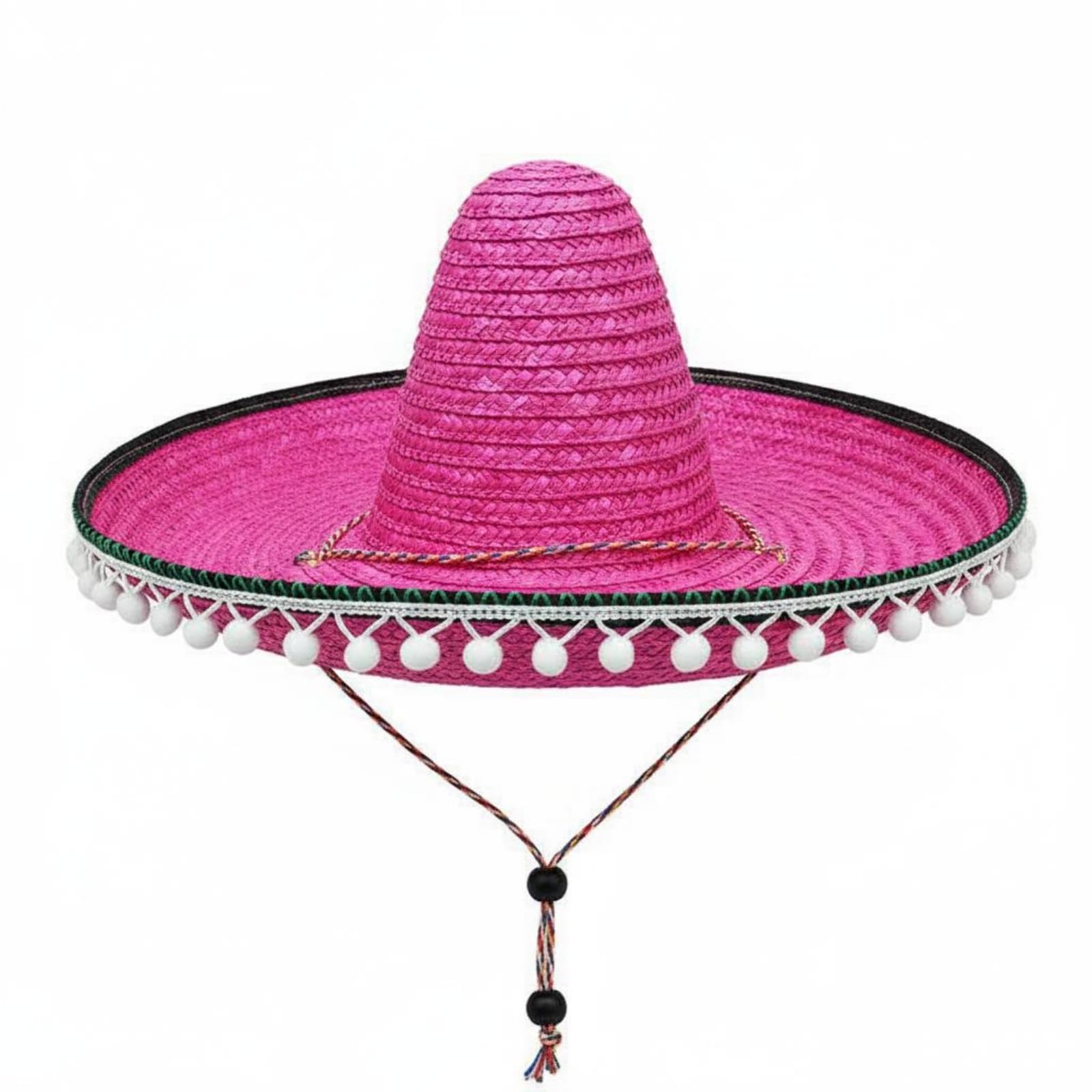 kowaku Mexican Hat Straw Sombreros with Attached White Pom Poms, Rose Red
