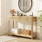 RUSTOWN Farmhouse Wood Console Table with 3 Drawers, Curved Profile Entryway Table with Storage Shelves and Open Storage Shelf, Modern Sofa Table with for Living Room, Foyer and Hallway (Natural Wood)