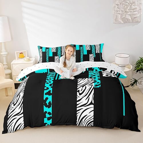 Miniatura 4 de Juego de ropa de cama con estampado de cebra de leopardo, tamaño Queen, para niños, color verde azulado, blanco, negro, juego de funda de edredón
