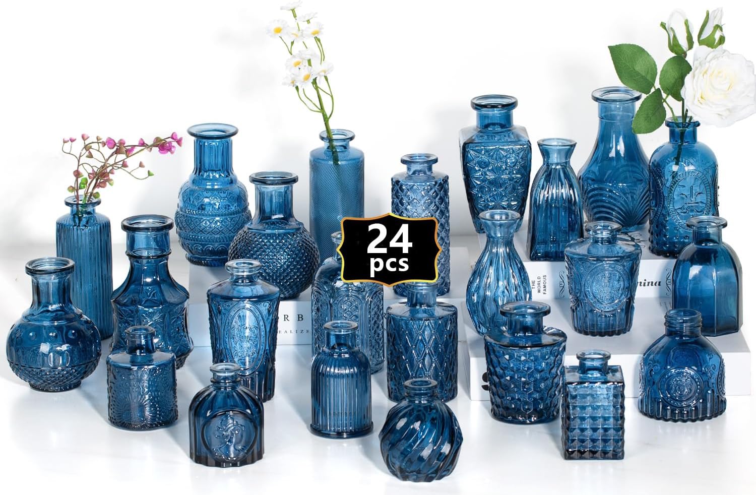24PCS Mini Bud Vases As Wedding Centerpieces for Tables,Clear Bud Vases for Flowers,Small Flower Vases Suitable for Birthday Party,Anniversary,Wedding Reception,Baby Shower (Blue, 24PCS)