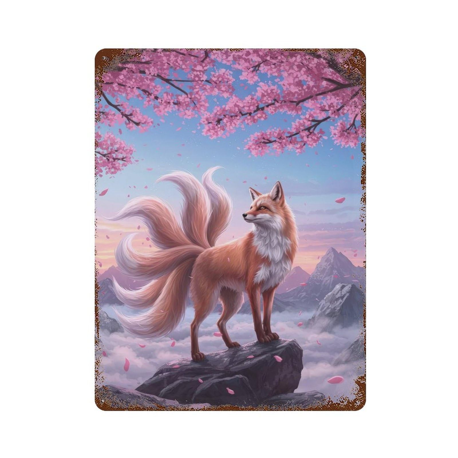 Nine-tailed Fox Under Cherry Blossoms Vintage Metal Tin Sign 15.7"x11.8", Farmhouse Wall Decor for Garage, Bar And Workshop Decor