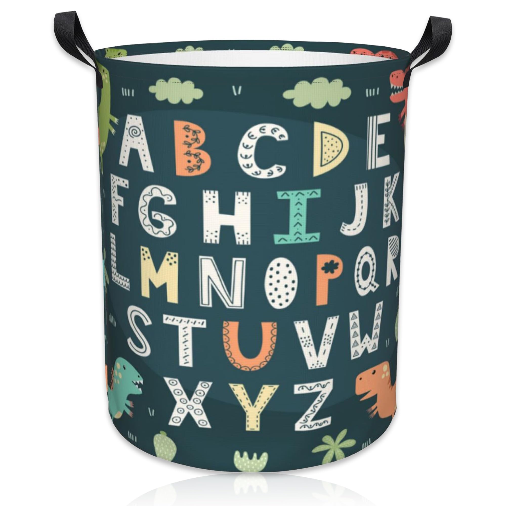 Naqiuli Laundry Basket Funny Alphabet with Cute Dinosaurs Laundry Basket Oxford Cloth Laundry Hamper Large Storage Baskets Toy Organizer Tote Bag For Bedroom Clothes Bathroom 17.3(H) x16.5(D) Inch