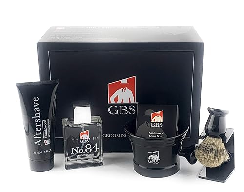 G.B.S Juego de afeitado húmedo para hombre, caja de regalo, taza de afeitado de cerámica negra con mango de perilla, cepillo de afeitar, soporte y