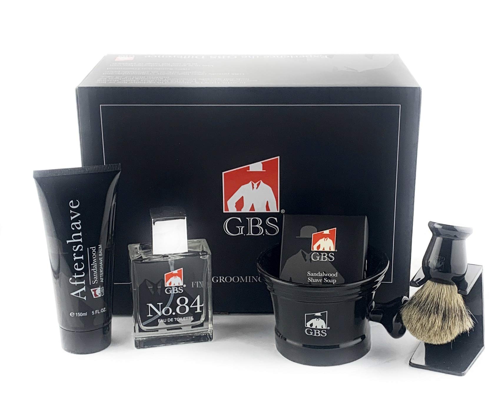 G.B.S Men’s Wet Grooming Shaving Set, Gift Boxed-Ceramic Black Shaving Mug with Knob Handle, Shaving Brush, Stand and Sandalwood Aftershave, Black