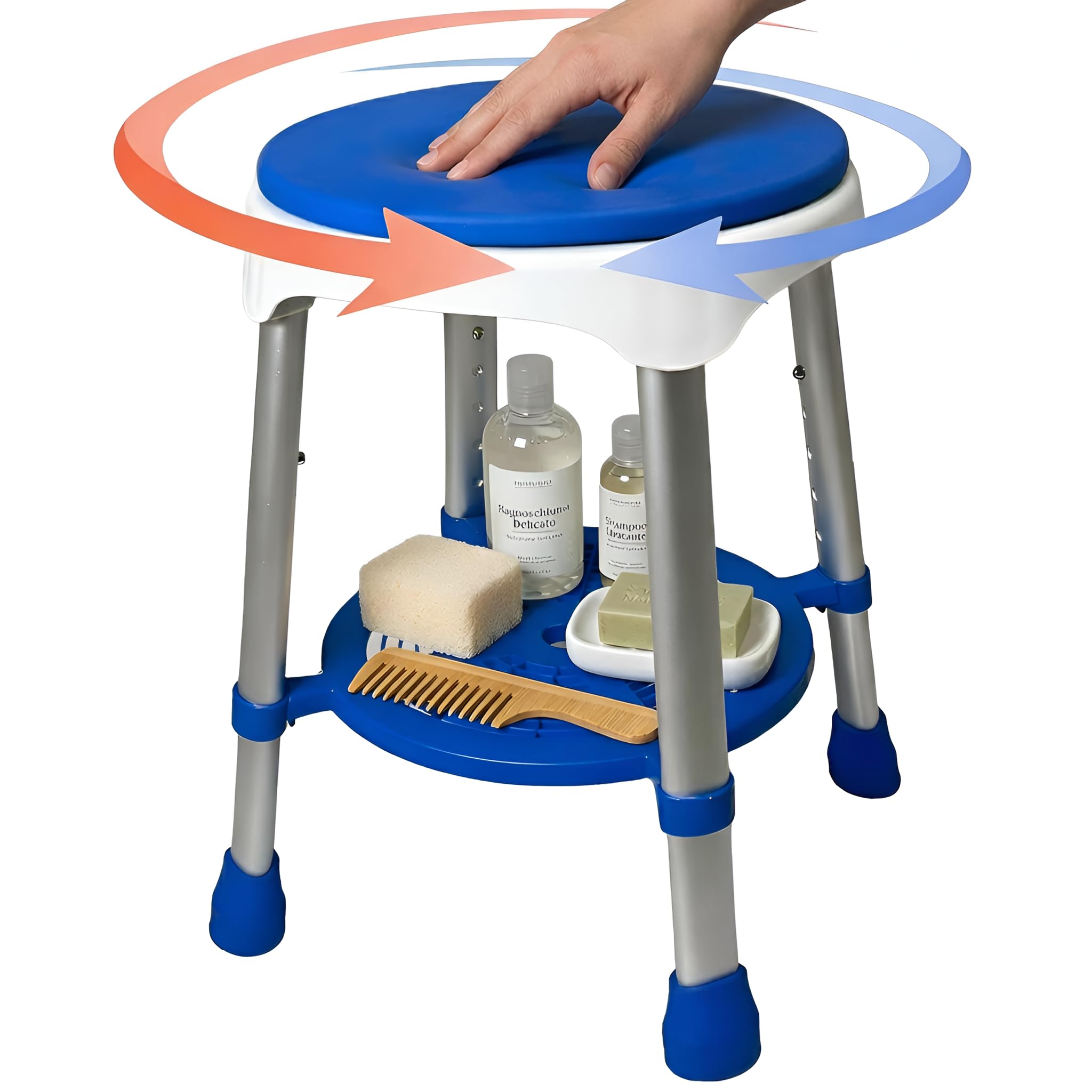 Sgabello da Doccia girevole a 360° con Cuscino Antibatterico e Ripiano Portaoggetti, con Altezza Regolabile per Anziani e Disabili Bianco