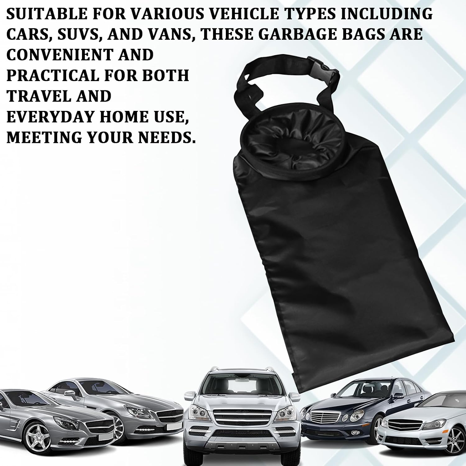 2 PCS Car Trash Bags, Washable Car Trash Can, Back Seat Hanging Auto Garbage Bag with Top Elastic Vent & Sticky Strap Bottom Opening, Accessories for Camping, Traveling, Outdoor (Black)