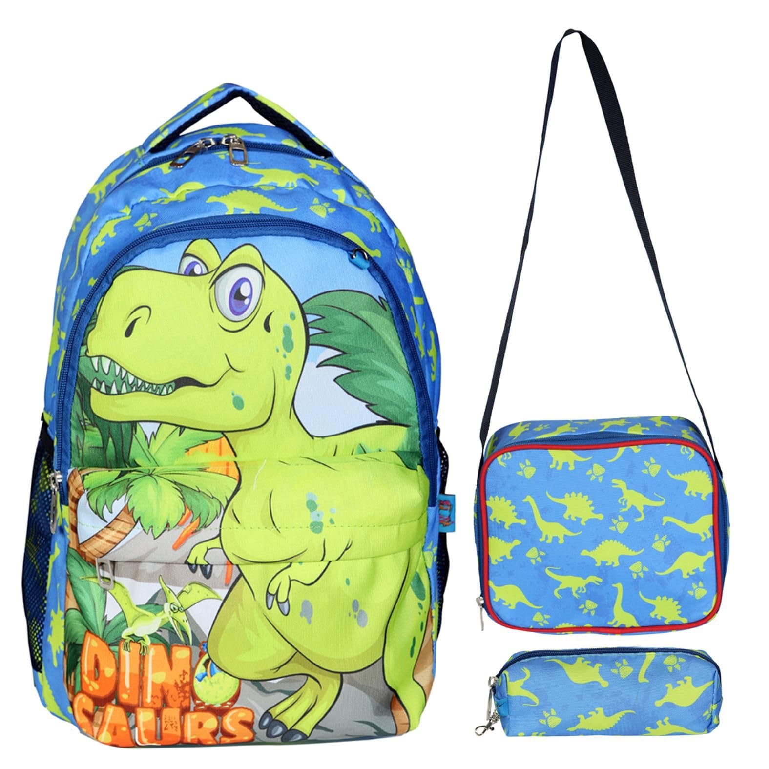 TahTicMer İlkokul Okul Ortaokul Sırt Çantası Kız Erkek Unisex Beslenme Çantalı Kalemlikli Ortopedik 3lü Set Dinozor Okul Çantası Mavi Yeşil