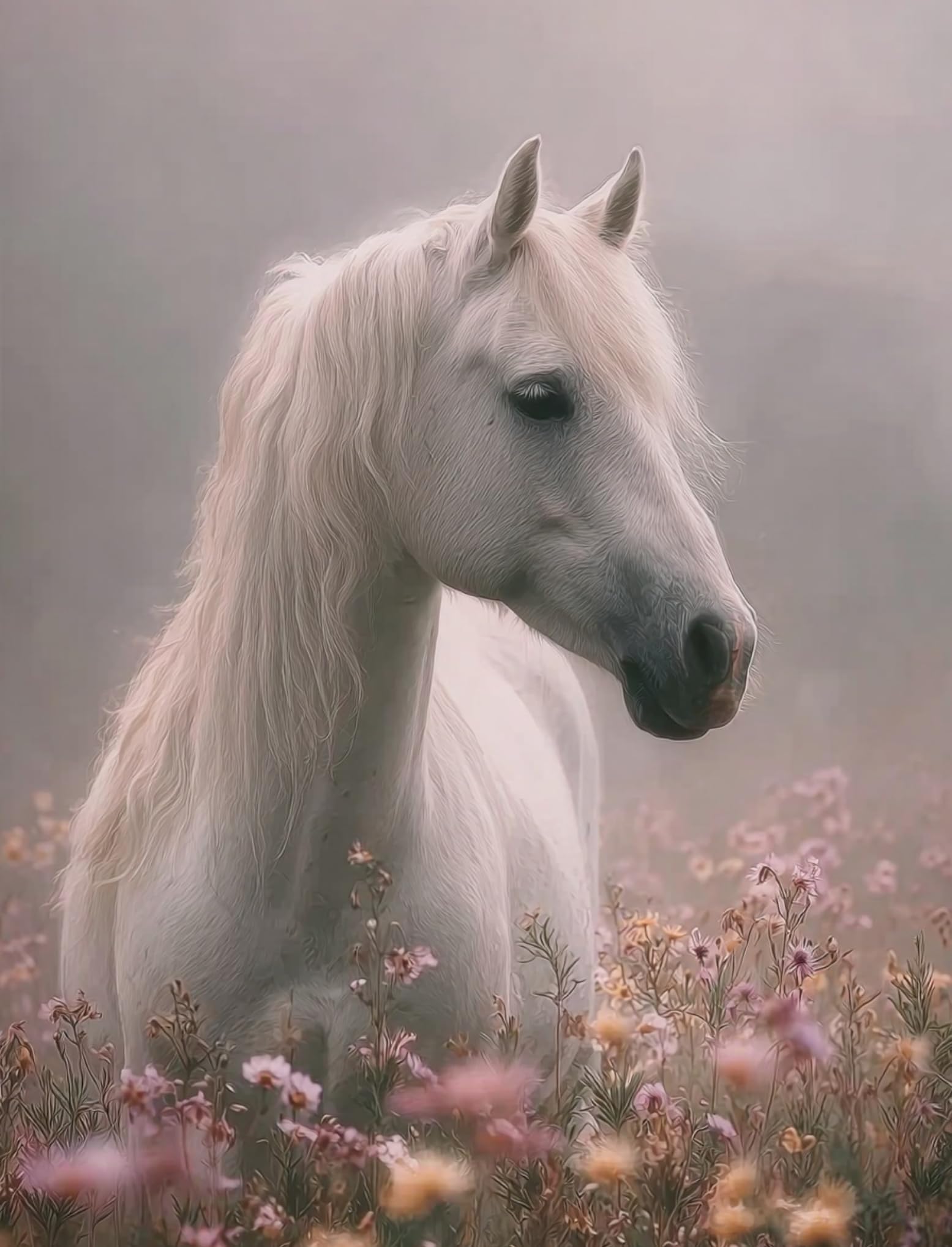 WANGWANGMIAO Paint by Numbers for Adults Beginner,White Horse Flower Cluster Acrylic Painting by Number Kits on Canvas for Home Wall Decor Gift 16x20 Inch，with Frame