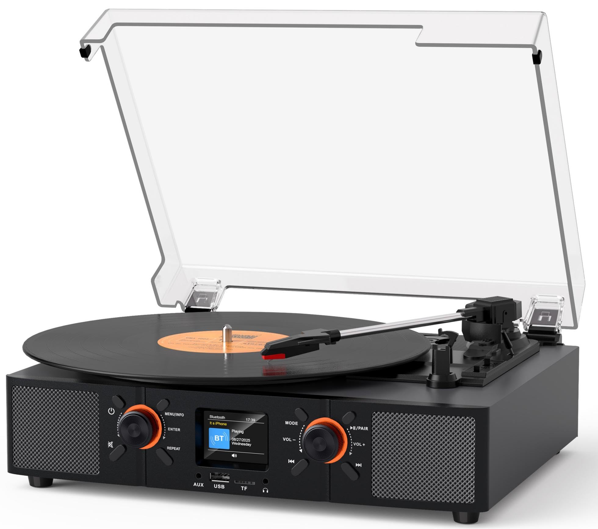 Giradischi in vinile con altoparlanti integrati, giradischi Bluetooth con trasmissione a cinghia a 3 velocità con display LCD, riproduzione USB, orologio, RCA, AUX e jack per cuffie, grigio
