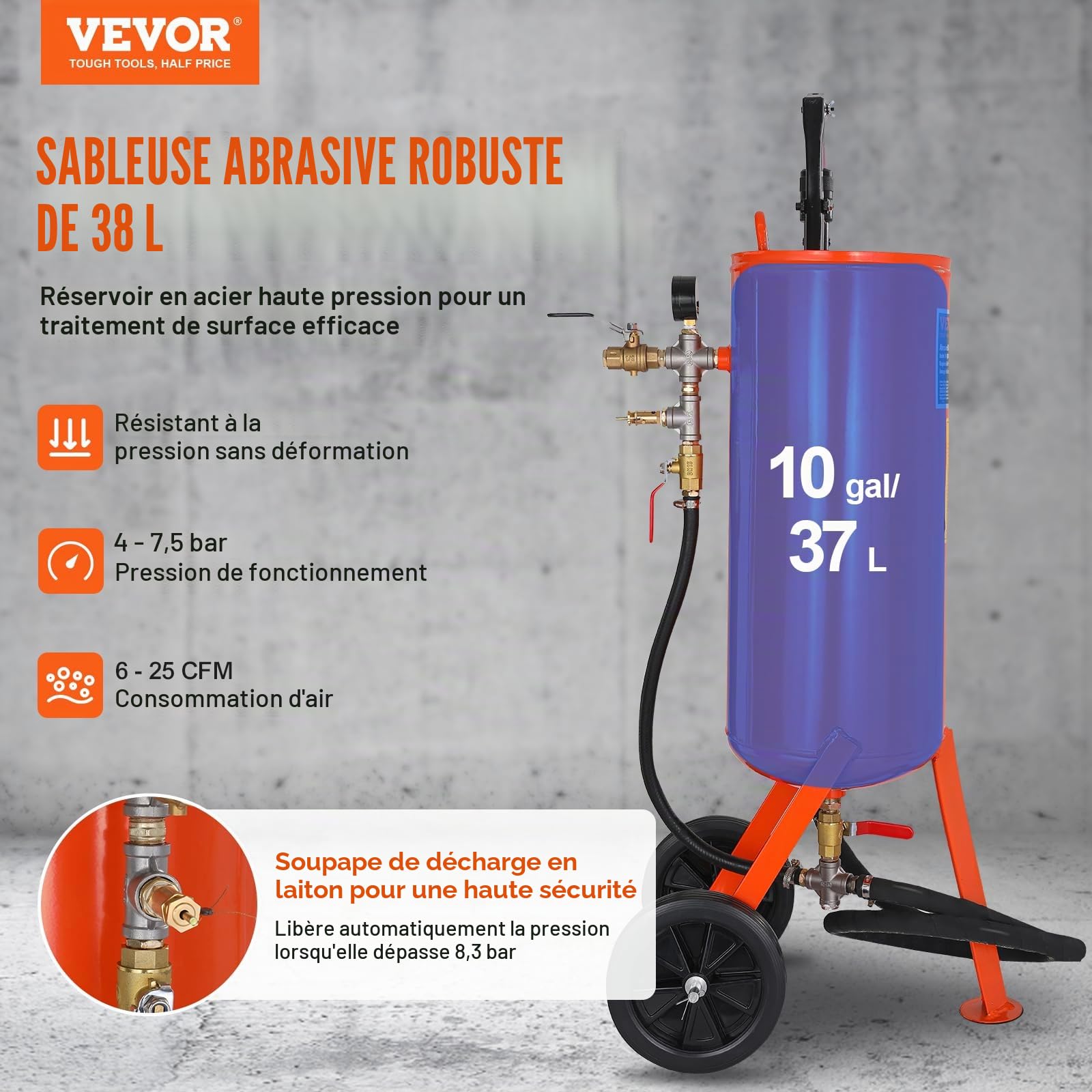 VEVOR Sableuse Haute Pression 37 L Kit de Sablage à Air 60-110 PSI Portable avec 2 Buses en Céramique