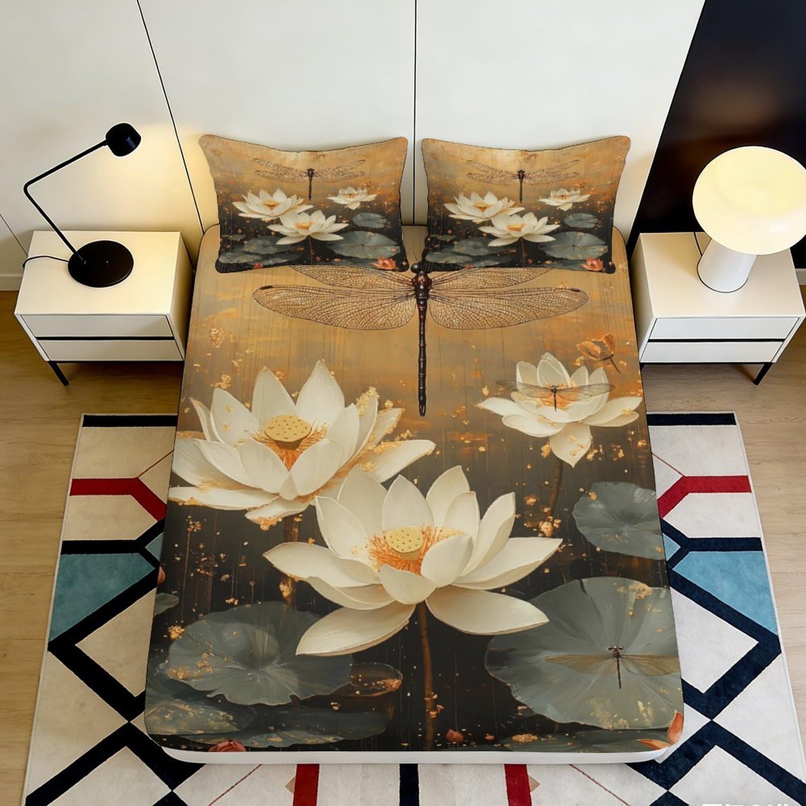 3D Printed Lotus Dragonfly Fitted Sheet Microfiber Gold Artistic Bed Cover for Bedroom Guest Room Decor Washable 180x200x25cm