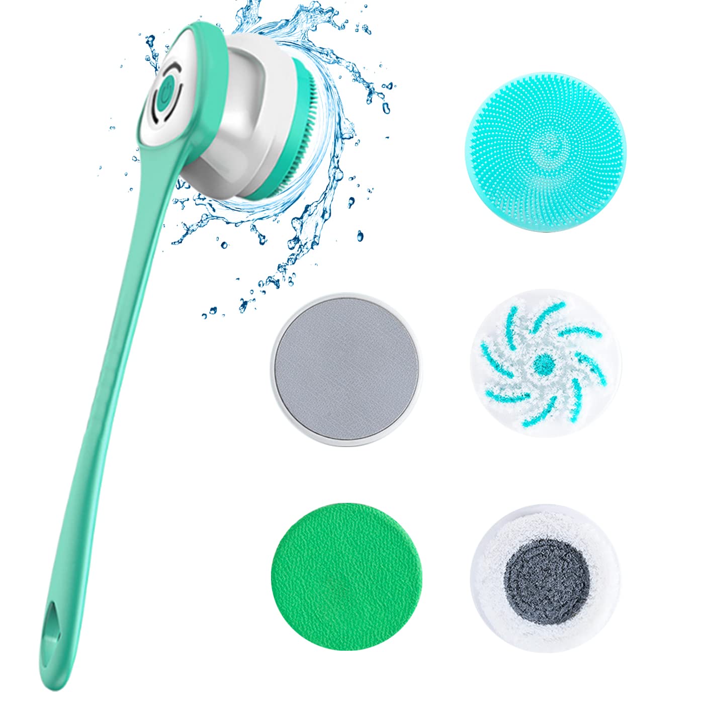 Electric Body Brush Shower Massager, Cordless Cleaning Scrubber Body Exfoliator Brush Soft Silicone 3 Speed with 5 Multi-Purpose Cleansing Heads USB Rechargeable, Spin Body Spa Brush