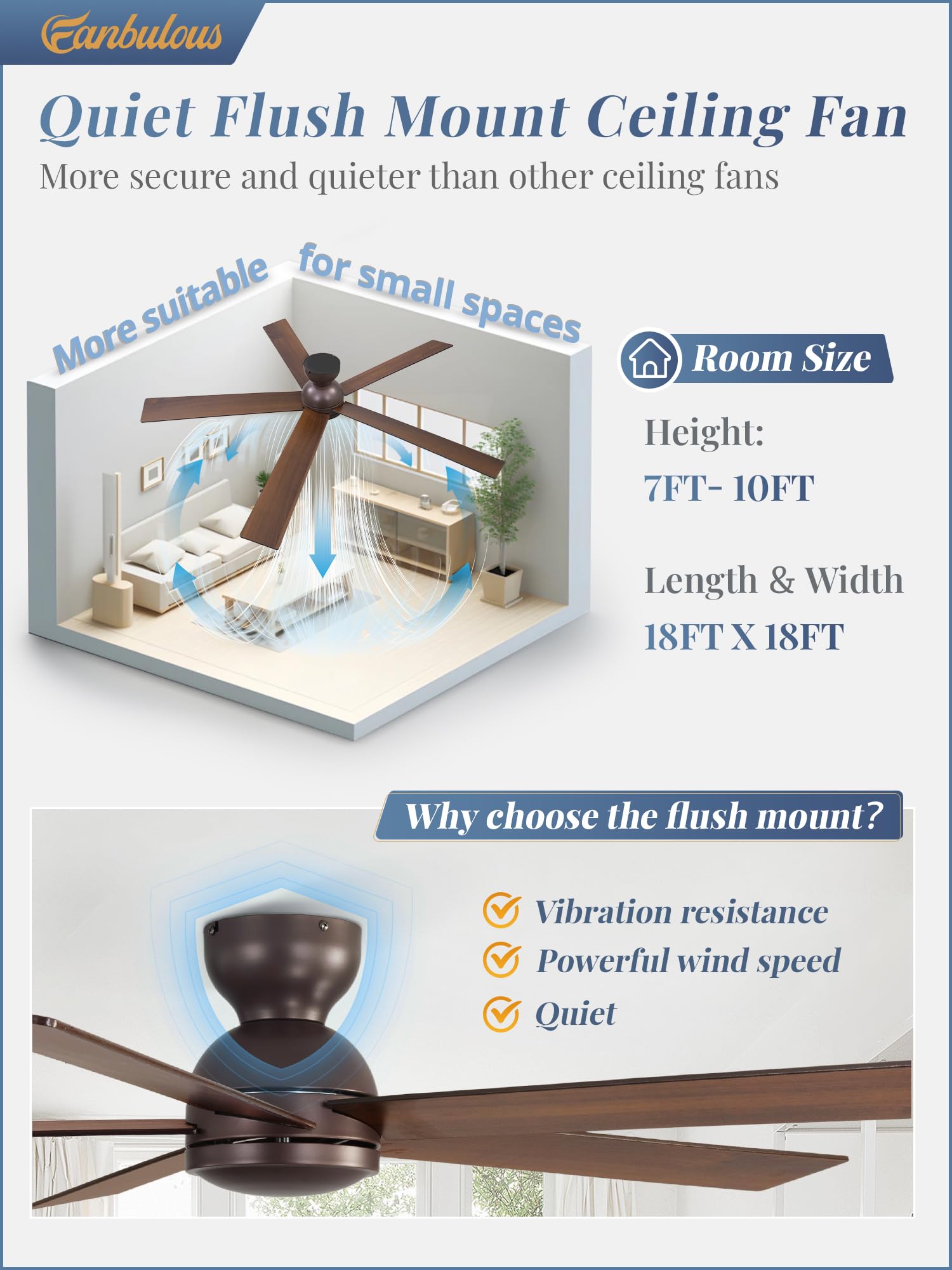 Ventilador de techo de perfil bajo de 60 pulgadas, sin luz, ventilador de techo de café de 6 velocidades, reversible y silencioso, ventiladores de techo para interiores y exteriores