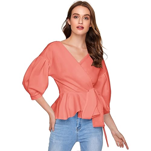 SheIn Women's Long Sleeve V Neck Ruffle Blouse Off Shoulder Tie Waist Wrap Tops