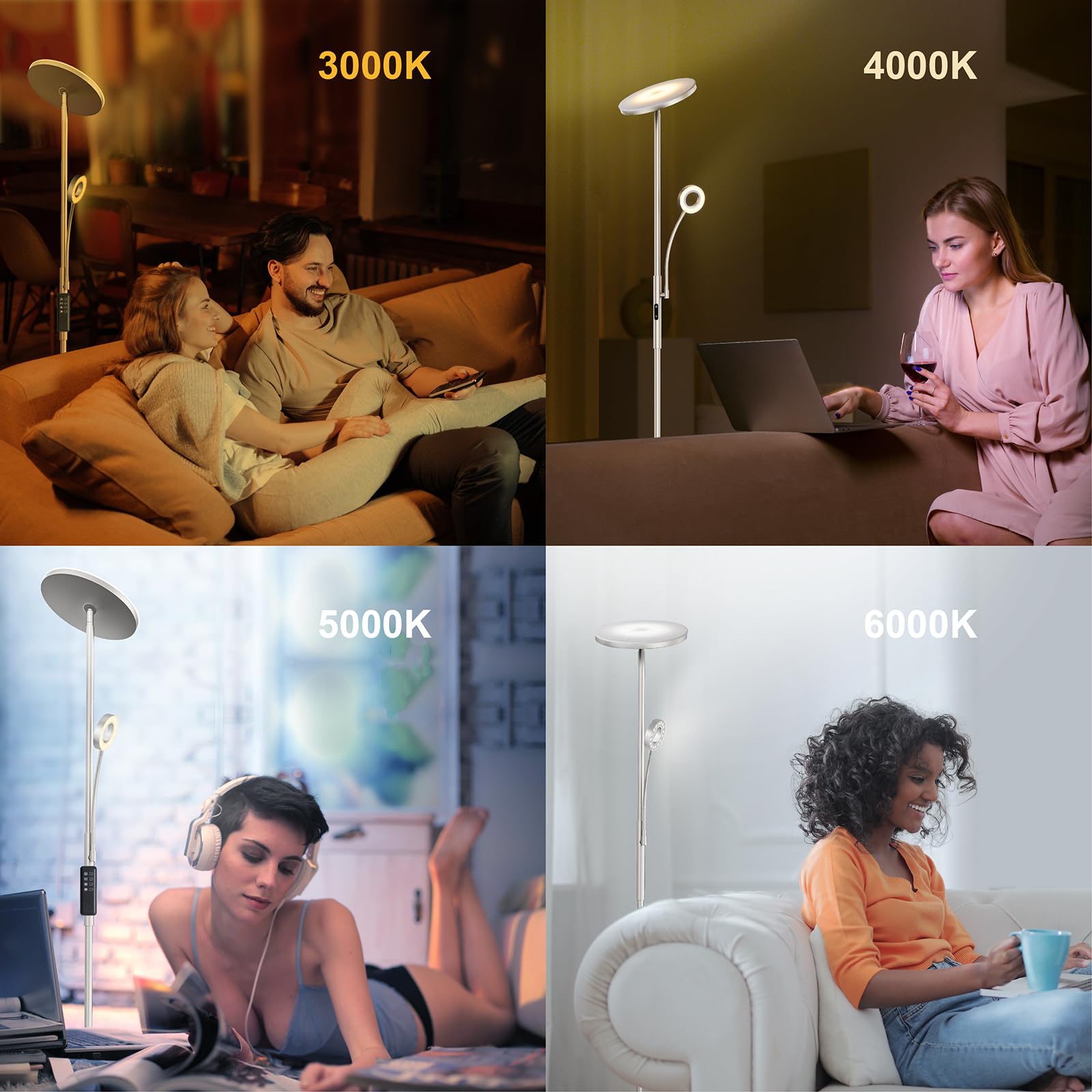 Modlicht 35W Stehlampe LED Dimmbar Silber, 4200LM Deckenfluter LED mit Leselampe, 3000-6000K Stehleuchte Wohnzimmer mit Fernbedienung & Touch-Steuerung, Stehlampe Leselampe für Schlafzimmer Büro