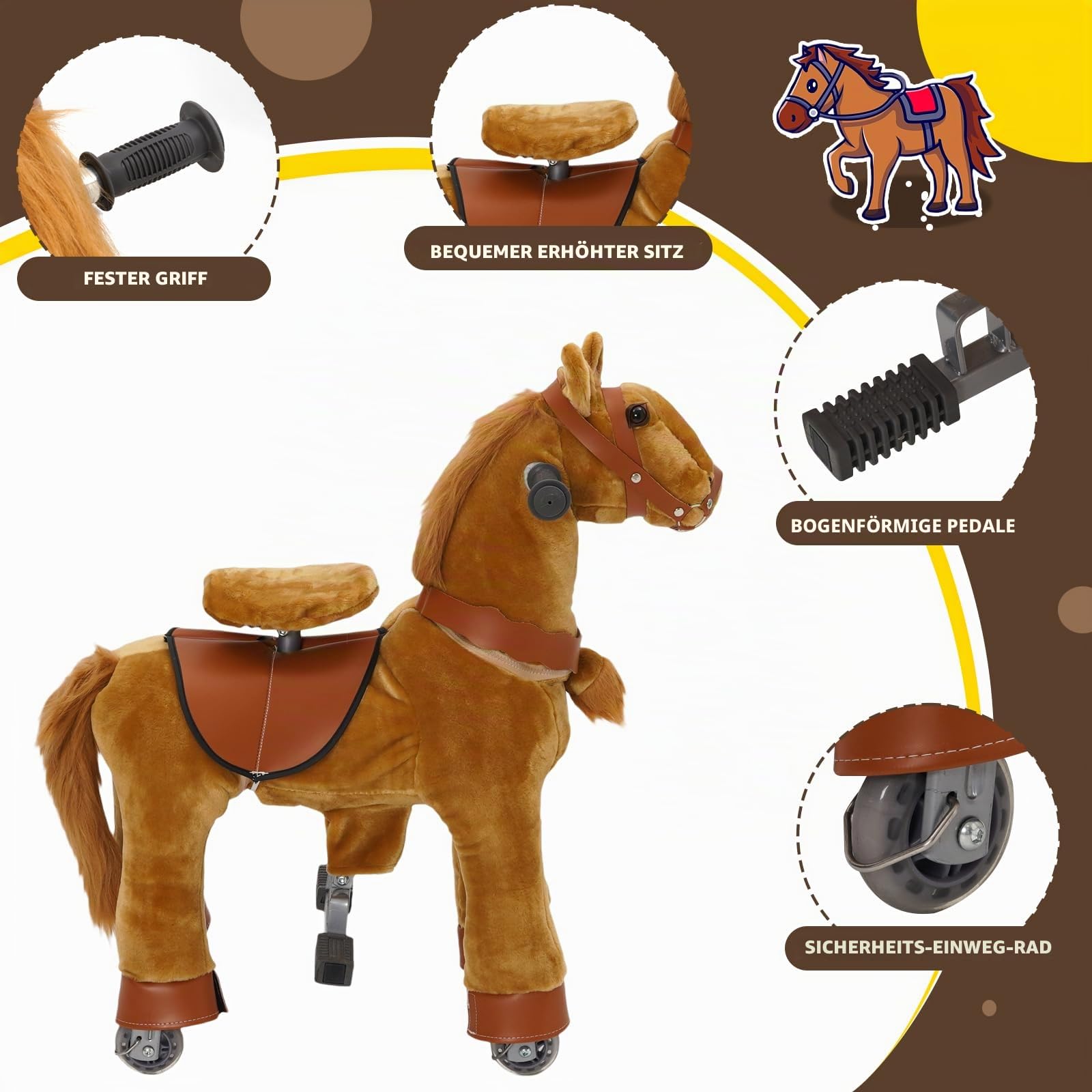 Stehpferd auf Rollen, Spielpferd zum Reiten und Draufsitzen, Reitpferd für Kinder mit Sattel, Zaumzeug und Steigbügeln, Pferd zum Reiten für Kinder ab 3-6 Jahren Spielzeug