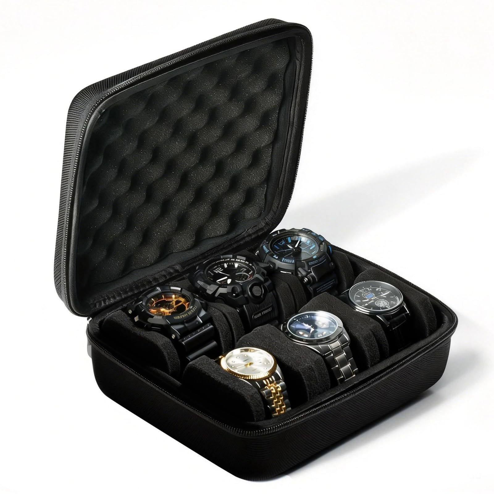 Ncoale Men's Black Watch Travel Case, Watch Box 6 Slot Hard With Zipper Watch Box For For Display And Organization (Black)