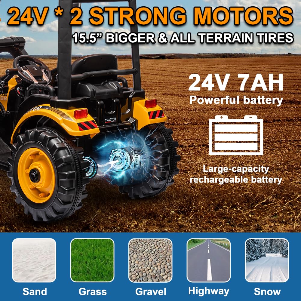 EAPC Ride on Tractor with Trailer, 24V Dual Motors Ground Loader, Battery Powered Electric Vehicle Tractor Toys with 3-Gear-Shift,Safety Belt for Kids Boys Girls,Yellow(Kids Tractor with Trailer)