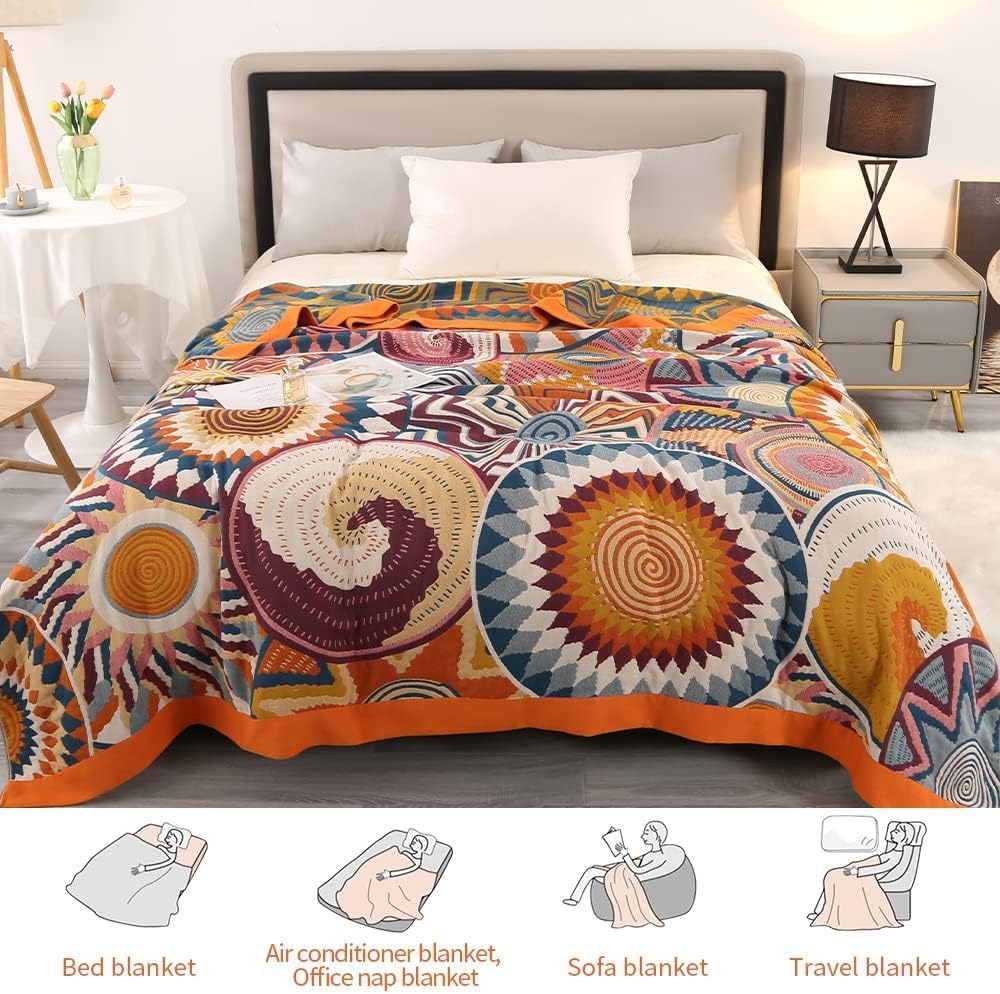 Regenbogen-Gaze-Decke, 4 Schichten, extra groß, Boho, leicht, atmungsaktiv, bunte Musselin-Überwurfdecke für alle Jahreszeiten, Doppelgröße.