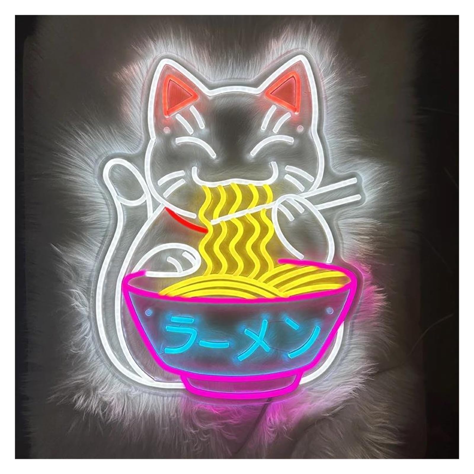 Lemst A Signs Lamp Fortune Cat Ramen Neon Sign Japanese Ramen Neon Signs Suitable For Shop Wall Decor Neon Lights 50Cmx38cm(A)