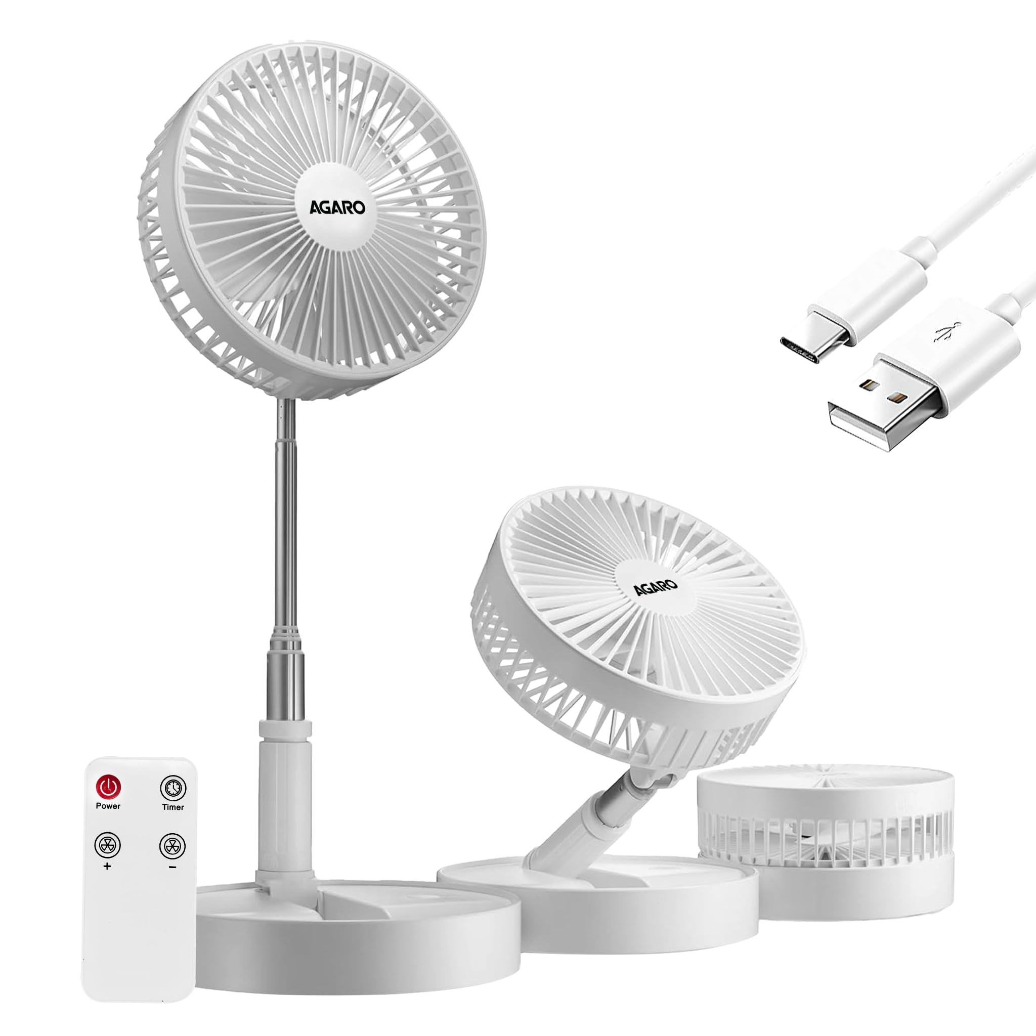 AGARO Grand Foldable Stand Fan with Remote Control, Rechargeable, 4 Speed, Copper Brushless Motor, Height Adjustable & Foldable Design, Travel Fan, Portable, Low Noise, Home, office, White