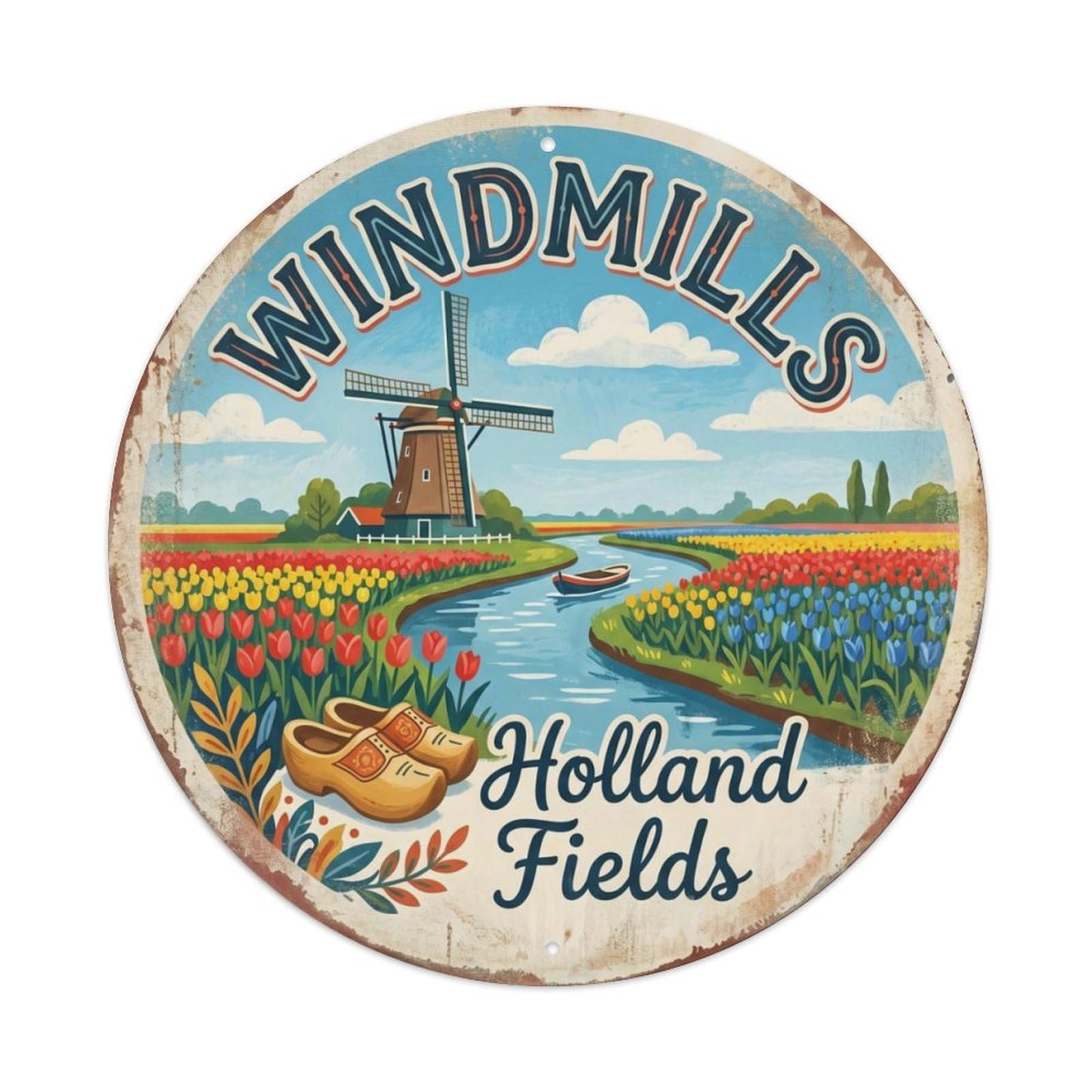 Vintage Travel Windmills Netherlands Countryside Metal Tin Sign Plaque Wall Decor for Cafe, Club Bar, Office, Home Garden Round Metal Poster 8x8Inch