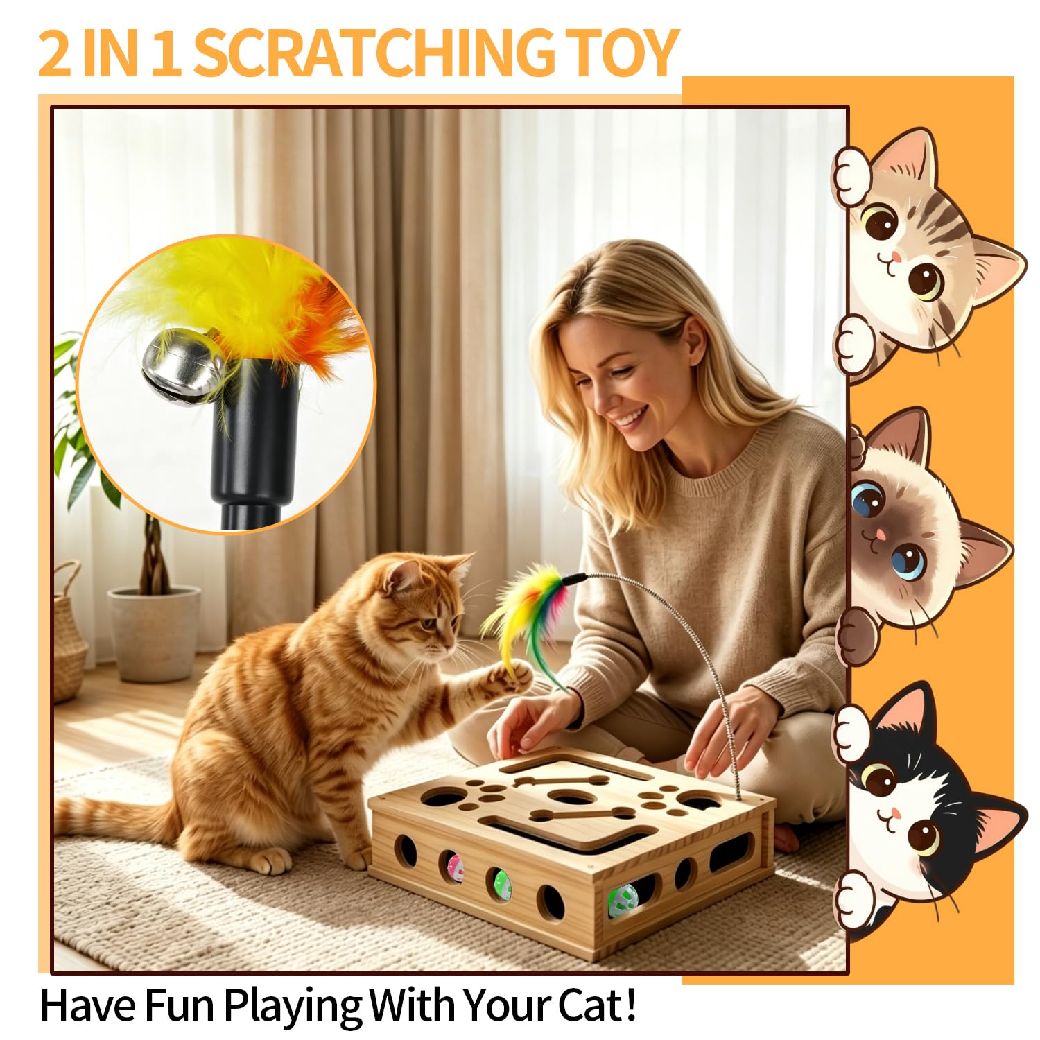 Giochi Interattivi per Gatti in Legno Massello 2 in 1 con Carta Abrasiva | Giochi Gatto Tiragraffi Cartone Gioco Gatto con Carta Abrasiva Bacchetta di Piume Tre Palline Sonagli Dimensione 30X25X7,8 cm