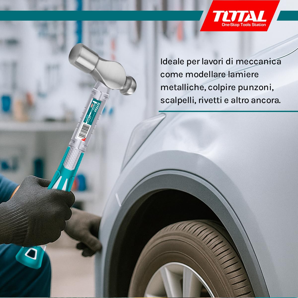 TOTAL - Martello a Sfera - Testa in Acciaio Forgiato - Manico Ergonomico in Fibra - Utensile Meccanico - Ideale per Colpi Precisi - 450 gr